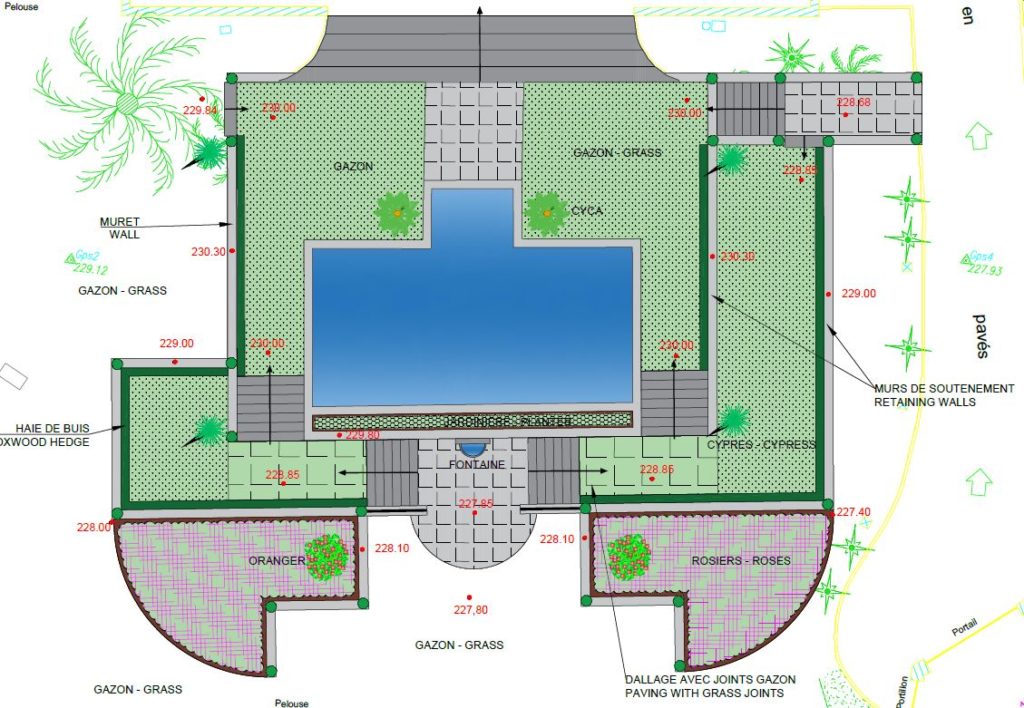 Modélisation et plan d'une piscine et des murs - plan