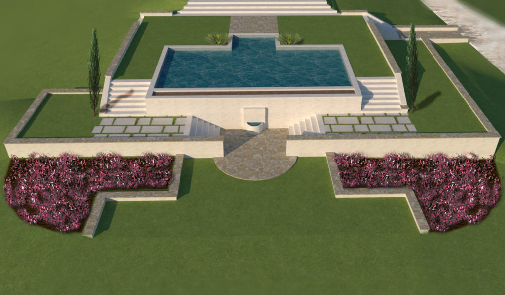 Modélisation et plan d'une piscine et des murs - volumétrie